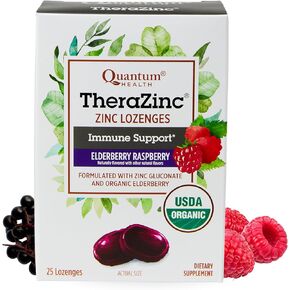 Quantum Health Therazinc Organic Zinc Lozenges Elderberry Sambucus Raspberry & Honey Support للبالغين والأطفال 12+ من النكهة بشكل طبيعي مع عدم وجود طعم - 25 Count in Kuwait