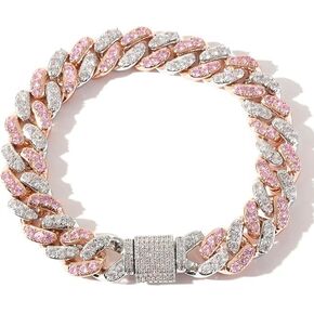 14K Gold 12mm Cuban Link Chain Bracelet with Pink & White Moissanite, Statement Jewelry for Men, Gift for Him in Kuwait