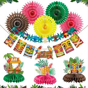 Tropical Toucan Hibiscus Party Decorations, Hawaiian Jungle Theme Party Supplies, Margaritaville Decorations Paper Fan Yellow Pink Hanging Ornaments for Luau Party Tiki Party. in Kuwait