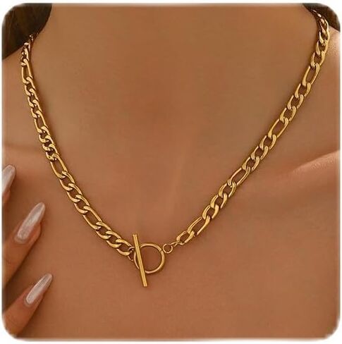 Chunky Toggle Necklace for Women 18K Gold Plated Vintage Paperclip Figaro Link Chain Necklaces Dainty Paper Clip Toggle Necklace for Jewelry Gift in Kuwait