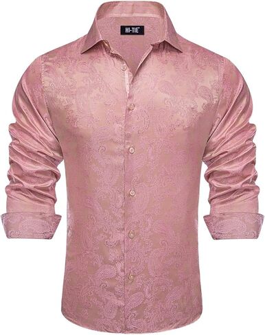 Hi-Tie Mens Dress Shirts Wrinkle Free Inner Contrast Jacquard Long Sleeve Casual Button Down Shirt Business Party Wedding in Saudi Arabia