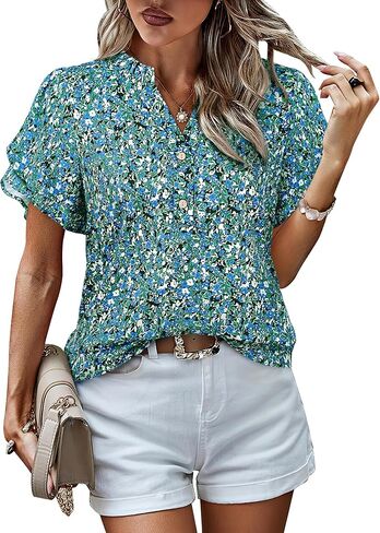 LOOKBOHO Womens Tops Dressy Casual Trendy Business Work Blouses Short Sleeve Ruffled V-Neck Tshirts in Kuwait