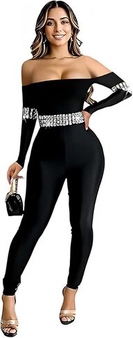 Sexy Sequin Jumpsuits for Women One Piece Bodycon Club Off Shoulder Rhinestone Romper Party Outfits in Saudi Arabia