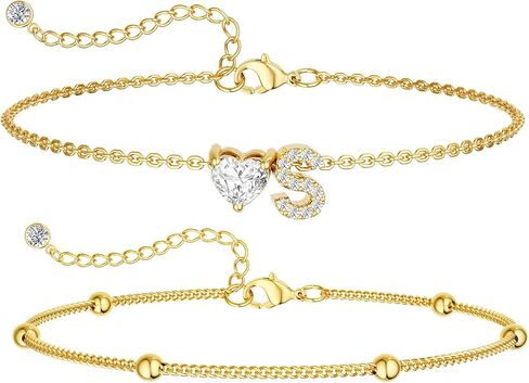 CAROVO Gold Ankle Bracelets for Women Waterproof 14K Real Gold Plated CZ Initial Anklet for Women Dainty Layered Letter A-Z Heart Ankle Bracelets Handmade Adjustable Anklet Summer Beach Jewelry in Kuwait