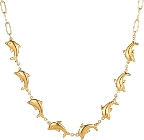 Beach Charm Necklace for Women Dainty 18K Gold Plated Paperclip Chain Sea Shell Starfish Dolphin Choker Necklace Boho Ocean Summer Jewelry Gifts in Kuwait