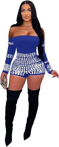 Sexy Jumpsuits For Women Off Shoulder Bodycon Club Rompers Rhinestone Sparkly Party Outfits in Kuwait