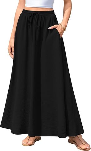 Aodemo Women's Flowy Maxi Skirt Summer Boho Pleated Elastic Waisted Casual Beach Long Skirts with Pockets in Kuwait