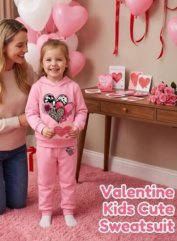 Toddler Girls Heart Hoodie Outfit - Kids Cow Leopard Print Sweatshirt Sunflower Sweatpant Spring Pink Sweatsuit Set in Kuwait