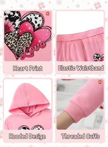 Toddler Girls Heart Hoodie Outfit - Kids Cow Leopard Print Sweatshirt Sunflower Sweatpant Spring Pink Sweatsuit Set in Kuwait