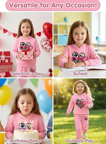 Toddler Girls Heart Hoodie Outfit - Kids Cow Leopard Print Sweatshirt Sunflower Sweatpant Spring Pink Sweatsuit Set in Kuwait
