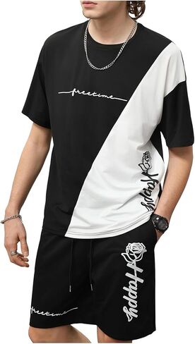 Men's 2 Piece Track Suits Set Color Block Baggy T Shirts and Drawstring Running Shorts in Kuwait