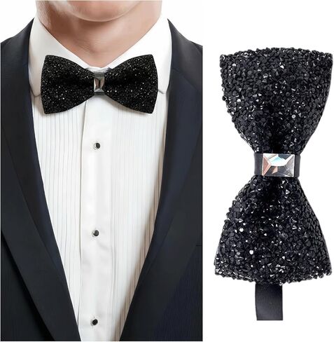 Men Sparkle Rhinestone Bow Tie Adjustable Pre Tied Bowtie Banquet Bowties Jewel Bow Tie for Wedding Party (Black) in Saudi Arabia