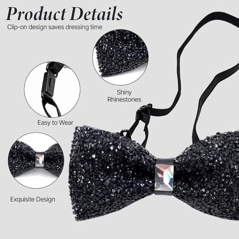 Men Sparkle Rhinestone Bow Tie Adjustable Pre Tied Bowtie Banquet Bowties Jewel Bow Tie for Wedding Party (Black) in Saudi Arabia