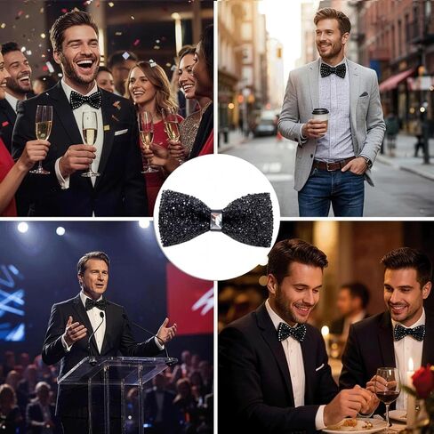 Men Sparkle Rhinestone Bow Tie Adjustable Pre Tied Bowtie Banquet Bowties Jewel Bow Tie for Wedding Party (Black) in Saudi Arabia