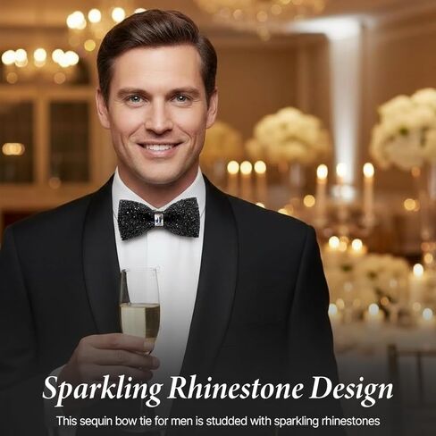 Men Sparkle Rhinestone Bow Tie Adjustable Pre Tied Bowtie Banquet Bowties Jewel Bow Tie for Wedding Party (Black) in Saudi Arabia