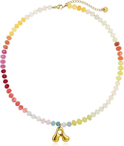 Badu Initial A-Z Colorful Beaded Gemstone Necklaces for Women 14K Gold Letter Pendant Necklace Natural Stone Summer Beach Handmade Jewelry Gift Trendy Necklaces in Kuwait