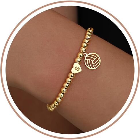 Volleyball Stuff, Volleyball Gifts Initial Bracelet Adjustable Letter A-Z Gold Beaded Bracelets for Women Heart Link Stocking Stuffers Mothers Day Gift Basket Christmas Graduation Jewelry in Saudi Arabia