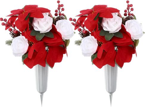 قطعتان من زهور مقبرة عيد الميلاد الاصطناعية مع مزهرية زينة شواهد القبور باقة زهور تذكارية صناعية مع التوت الأحمر والورود البيضاء البونسيتة للقبر والمقبرة واليوم التذكاري in Kuwait