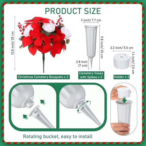 قطعتان من زهور مقبرة عيد الميلاد الاصطناعية مع مزهرية زينة شواهد القبور باقة زهور تذكارية صناعية مع التوت الأحمر والورود البيضاء البونسيتة للقبر والمقبرة واليوم التذكاري in Kuwait