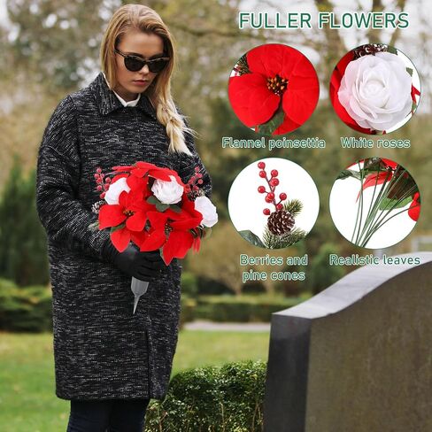 قطعتان من زهور مقبرة عيد الميلاد الاصطناعية مع مزهرية زينة شواهد القبور باقة زهور تذكارية صناعية مع التوت الأحمر والورود البيضاء البونسيتة للقبر والمقبرة واليوم التذكاري in Kuwait