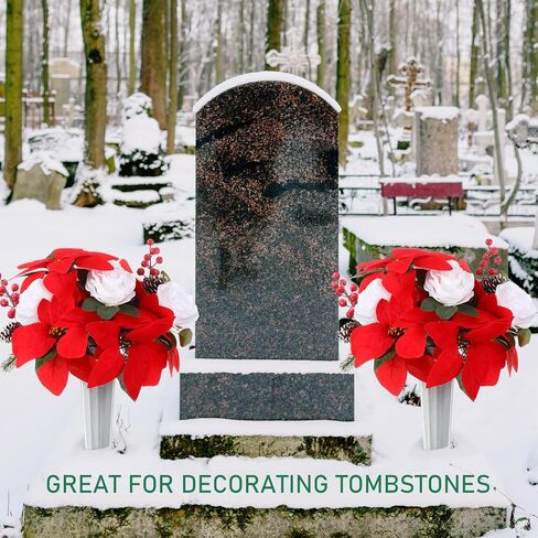 قطعتان من زهور مقبرة عيد الميلاد الاصطناعية مع مزهرية زينة شواهد القبور باقة زهور تذكارية صناعية مع التوت الأحمر والورود البيضاء البونسيتة للقبر والمقبرة واليوم التذكاري in Kuwait