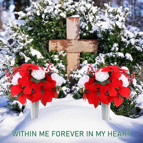 قطعتان من زهور مقبرة عيد الميلاد الاصطناعية مع مزهرية زينة شواهد القبور باقة زهور تذكارية صناعية مع التوت الأحمر والورود البيضاء البونسيتة للقبر والمقبرة واليوم التذكاري in Kuwait