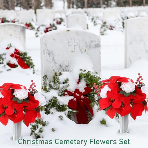 قطعتان من زهور مقبرة عيد الميلاد الاصطناعية مع مزهرية زينة شواهد القبور باقة زهور تذكارية صناعية مع التوت الأحمر والورود البيضاء البونسيتة للقبر والمقبرة واليوم التذكاري in Kuwait