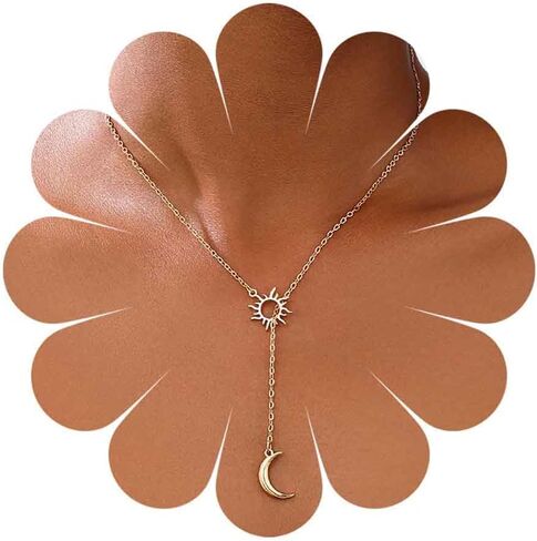 Boho Moon Lariat Necklace Chain Crescent Moon Pendant Necklace Vintage Sun Choker Necklace Sun Moon Y Drop Necklace Jewelry for Women in Kuwait