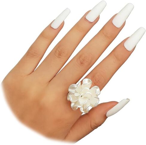 Rrdaily White Acrylic Petal Flower Ring Open Flow for Women ، Dainty Brity Floral Camellia Ring Ring ، Sweet Wedding Anniversary Prom Jewelry Gifts in Kuwait