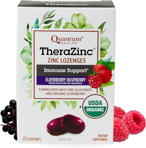 Quantum Health Therazinc Organic Zinc Lozenges Elderberry Sambucus Raspberry & Honey Support للبالغين والأطفال 12+ من النكهة بشكل طبيعي مع عدم وجود طعم - 25 Count in Kuwait