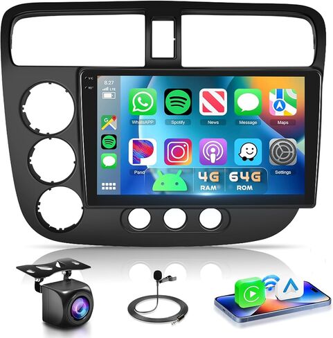 Car Stereo Radio with Wireless Apple CarPlay Android Auto for Honda Civic 2001 2002 2003 2004 2005 9 inch Android Touch Screen Bluetooth Radio with GPS Navigation WiFi Backup Camera Mic HiFi Audio in Kuwait
