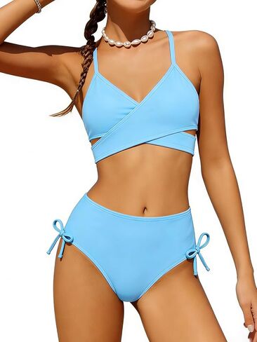 ESHOO Girls Swimsuits Bikini Set 2 Piece Bathing Suit V Neck Criss Cross Swimwear with Chest Pad Swimwear for Teen Girls in Kuwait