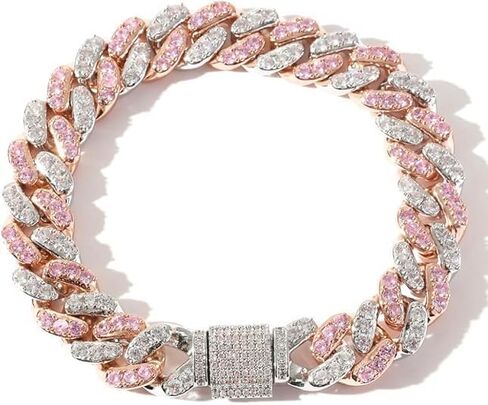 14K Gold 12mm Cuban Link Chain Bracelet with Pink & White Moissanite, Statement Jewelry for Men, Gift for Him in Kuwait
