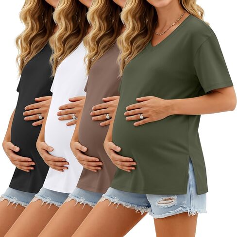 Huukeay 4 Pack Women's Maternity Shirt Loose T Shirt | Pregnancy Top, Summer, Tunic Shirt, Side Split, Oversized, V Neck, Dropped Shoulder, for Casual, Shopping, Vacation, Business in Saudi Arabia