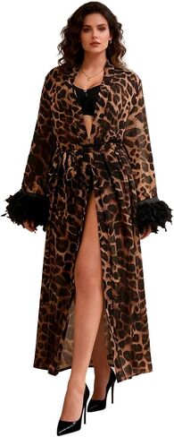 comeondear Women Leopard Long Kimono Robe Plus Size Sexy Sheer Chiffon Robe Fancy Bridal Robe for Women with Belt in Kuwait