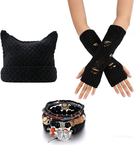 3PCS Therian Stuff,Y2K Therian Grunge Accessories for Women,Grunge Ripped Gloves,Fairycore Bracelets,Grunge Knitted Cat Beanie,Therian Gear Y2K Clothes Accessories Khaki in Saudi Arabia