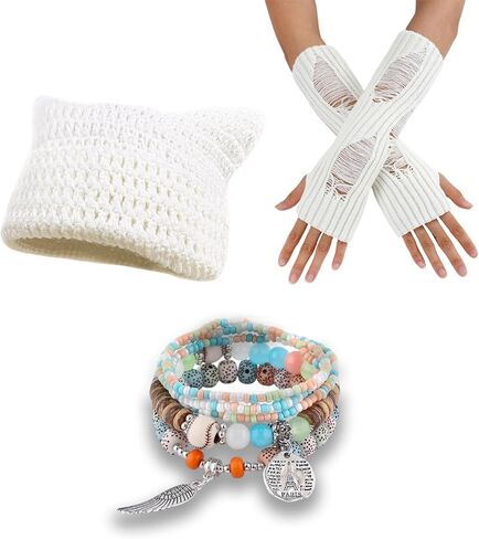 3PCS Therian Stuff,Y2K Therian Grunge Accessories for Women,Grunge Ripped Gloves,Fairycore Bracelets,Grunge Knitted Cat Beanie,Therian Gear Y2K Clothes Accessories Khaki in Saudi Arabia