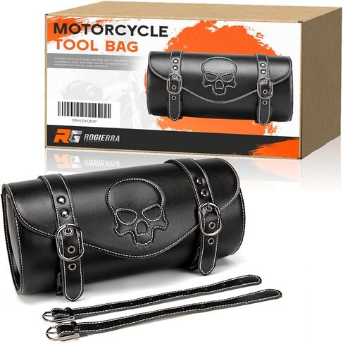 Motorcycle Tool Bag，Universal PU Leather Motorcycle Fork Bag Waterproof Handlebar Bag For Harley Suzuki Kawasaki，Black 3D Skull Bag in Saudi Arabia