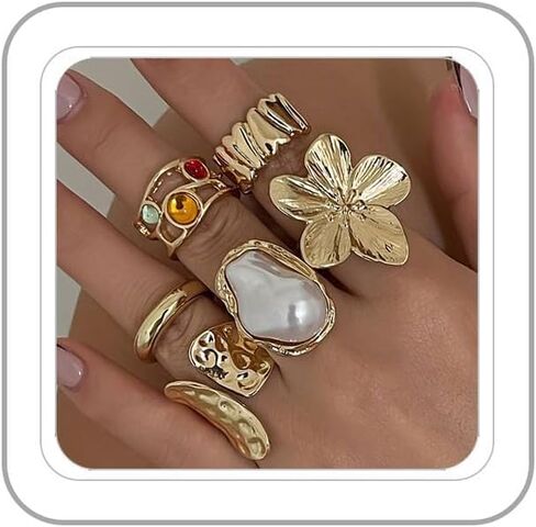 Chunky Gold Rings for Women Stackable Knuckle Ring Set Adjustable Gold Pearl Dome Rings Set Geometric Chunky Statement Bold Fashion Rings for Women in Saudi Arabia