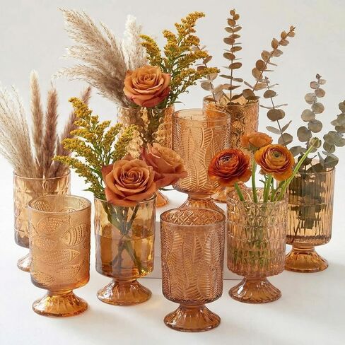 9 Set (H:7 Inch W:4 Inch) Flower Crystal Glass Vases Embossed Pedestal Vases for Centerpieces Hydroponic Glass Transparent Bottle for Home Office Wedding Dining Table Party in Saudi Arabia