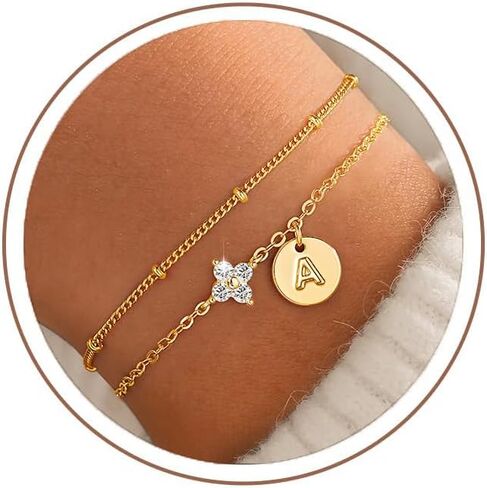 M MOOHAM Gold Initial Bracelets for Women Teen Girls - Dainty 14K Gold Plated Cubic Zirconia Clover Initial Bracelet Layered Letter Bracelet for Women Girls Jewelry Personalized Birthday Gifts in Saudi Arabia