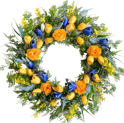 22" Summer Wreath with Hydrangea Lamb's Leaves, Summer Floral Wreaths with Ribbon Bow for Front Door Wall Window and Holiday Festival Party Banquet Wedding Decor in Saudi Arabia