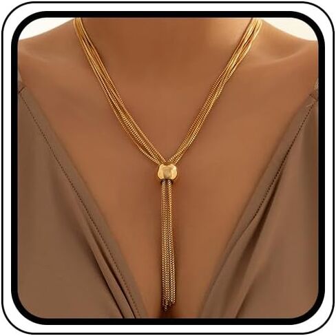 Chunky Long Gold Statement Y Necklace for Women Thick Vintage Round Ball Choker Multi Layered Knot Tassel Necklaces Trendy Hip Hop Exaggerated Jewelry in Kuwait