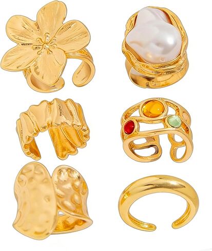 6pcs حلقات ذهبية مكتنزة للنساء حلقات زهرة غير شحنة للنساء قابلة للتكديس حلقة الإصبع in Kuwait