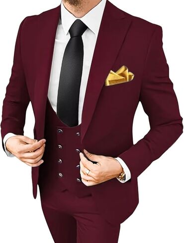 Mens Slim Fit Suit 3 Piece Solid Double-Breasted Casual Business Blazer Set for Weddings Party Tuxedo Jacket Pants in Kuwait