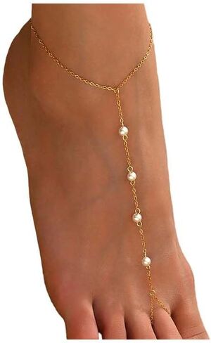 Anklets for Women Waterproof 18K Gold Plated Pearl Beaded Heart Diamond Ankle Bracelets Dainty Toe Ring Foot Chain Anklets Beach Jewelry Gifts in Kuwait