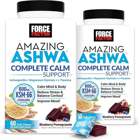 Force Factor Amazing Ashwa Ashwa Complete Complete Support مع KSM-66 Ashwagandha ، مثل Ashwangandha Gummies لتعزيز الهدوء والاسترخاء مع المغنيسيوم و L-theanine ، العنب البري ، in Kuwait