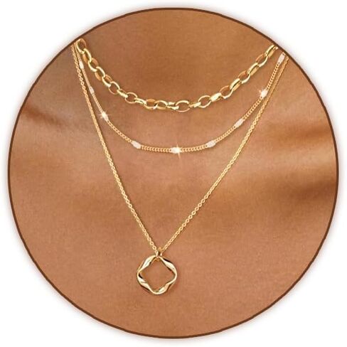 Gold Layered Necklaces for Women 14k Gold Plated Dainty Stackable Choker Necklaces for Women Trendy Layering Circle Paperclip Chain Cute Pendant Necklace Set Gold Jewelry for Women in Kuwait