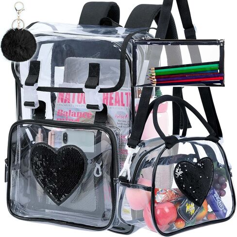 3PCS Pink Clear Backpack, Heavy Duty Transparent Bookbag for Girls Women, Stadium Approved See Through Backpack with Lunch Box (Pink Daisy) in Kuwait