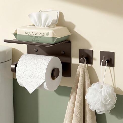Tindbea Mega Size Toilet Paper Holder with Shelf + Towel Robe Hooks, Adhesive or Screw Wall Mounted Toilet Paper Roll Holder, Stainless Steel Bathroom Hardware Set (Brushed Nickel) in Kuwait